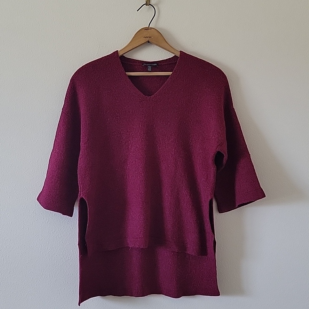 Eileen Fisher Magenta Vneck Wool Blend Sweater 3/4 Sleeves Size XXS